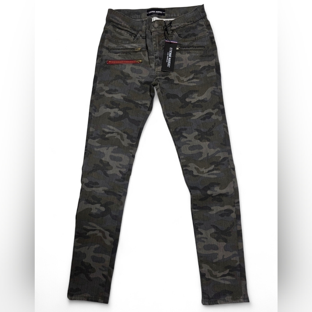 Etienne Marcel Grey Camo Skinny Jeans Size 27 NWT Zip Detail Stretch $228 Retail